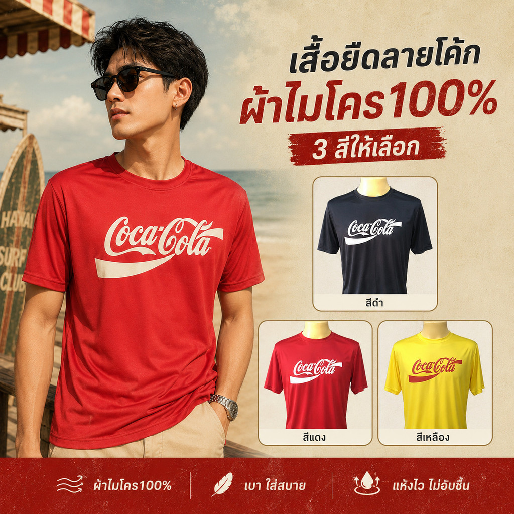 เสื้อยืดคอกลมแขนสั้นสกรีนลาย Coca Cola ผ้าไมโครผิวเรียบ