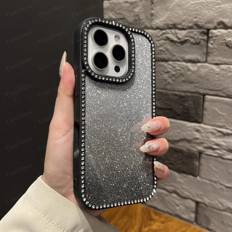 Sparkle Gradual เปลี่ยนเพชร Jewelled โทรศัพท์สําหรับ IPhone 11 12 13 14 15 16 17 Pro Max Air Plus กันกระแทก Glitter กันชนใสกลับกรณีฝาครอบ