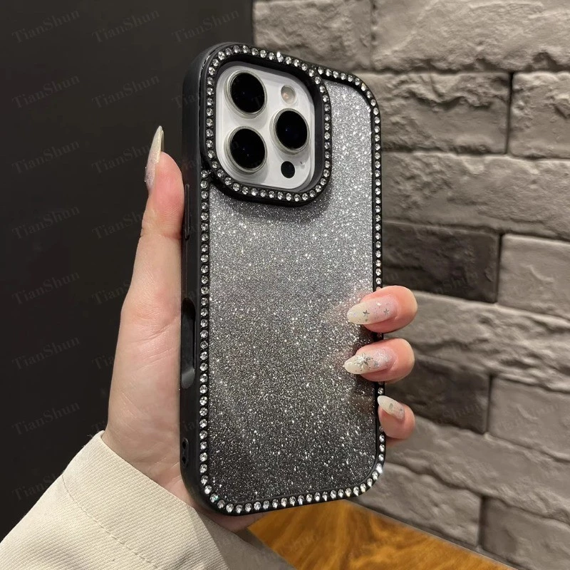 Sparkle Gradual เปลี่ยนเพชร Jewelled โทรศัพท์สําหรับ IPhone 11 12 13 14 15 16 17 Pro Max Air Plus กันกระแทก Glitter กันชนใสกลับกรณีฝาครอบ