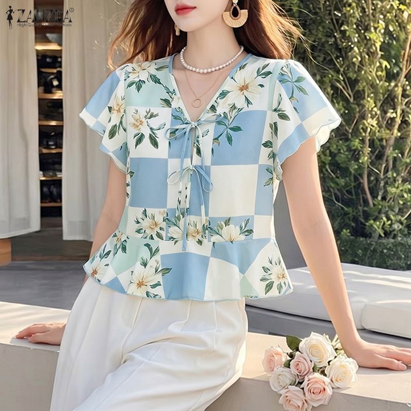 ZANZEA ผู้หญิงเกาหลี Elegant Art ความงาม V คอ Ruffle แขน Tie-Up Bows ดอกไม้พิมพ์ A-Line เสื้อ — صورة 5