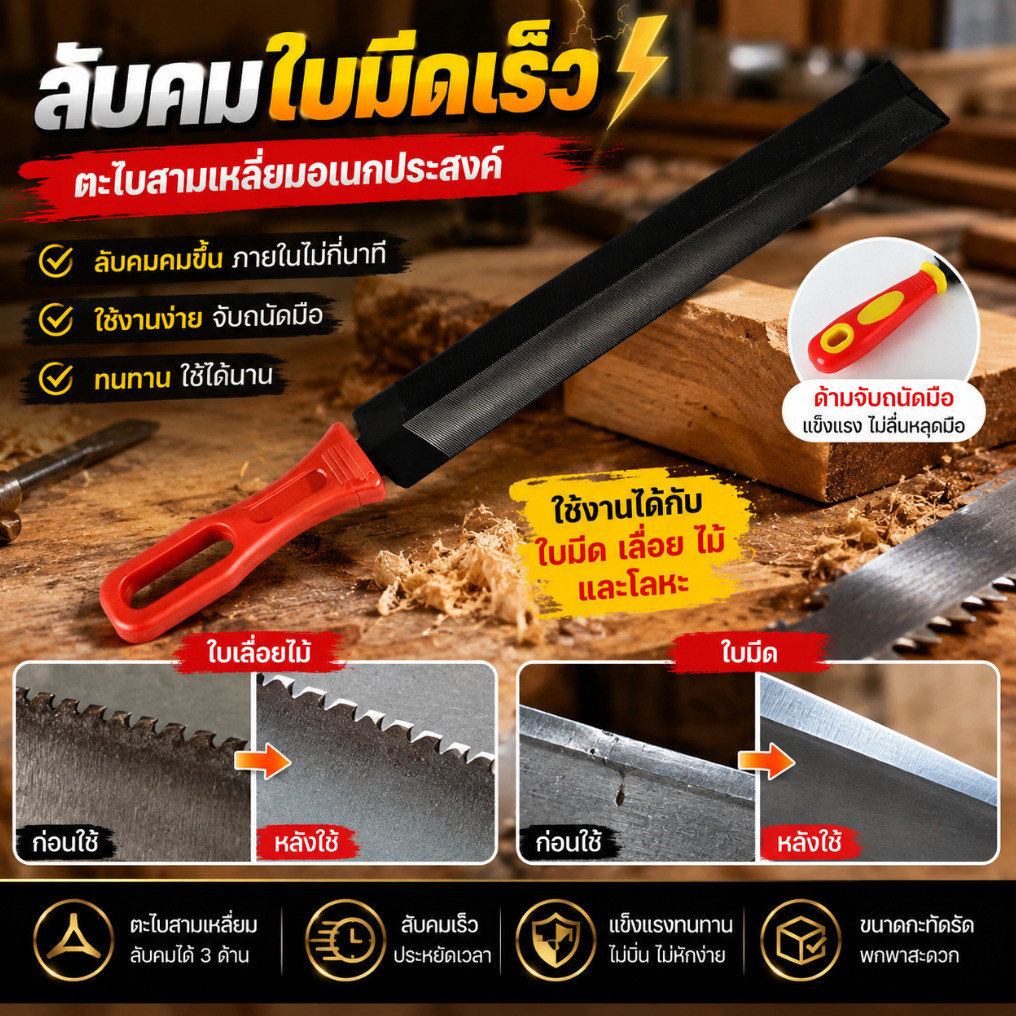 ⚡ลับคมใบมีดเร็ว⚡ สามเหลี่ยม/ตะไบเลื่อย/ตะไบไม้, ตะไบสามเหลี่ยมอเนกประสงค์, ช่วยให้ใบเลื่อยที่ทื่อคมขึ้นอย่างรวดเร็ว, เครื่องมือช่างไม้สำหรับลับคม
