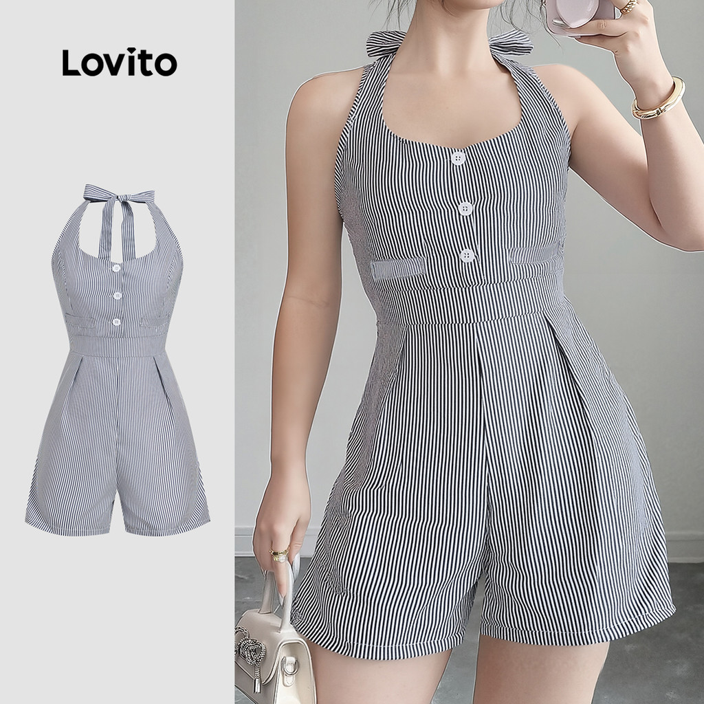 Lovito จั๊มสูทลําลอง กระดุมหน้า ผูกเชือก สีฟ้า ขาว สําหรับผู้หญิง ฤดูใบไม้ผลิ/ฤดูร้อน LK4ED657