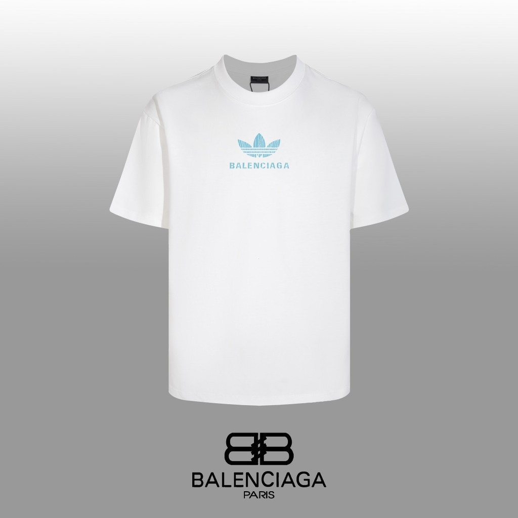 BALENCIAGA/BALENCIAGA 2026 คลาสสิกรอบคอแขนสั้นเสื้อยืดผู้ชายผู้หญิงสไตล์รอบคอ Bottoming หนาถึงผ้าฝ้า
