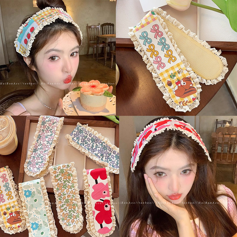 ที่คาดผมเวลโครลายดอกไม้ย้อนยุคที่คาดผมกันลื่นขอบลูกไม้ที่ใส่ผมสําหรับอาบน้ําสกินแคร์เครื่องประดับผมสไตล์เกาหลี