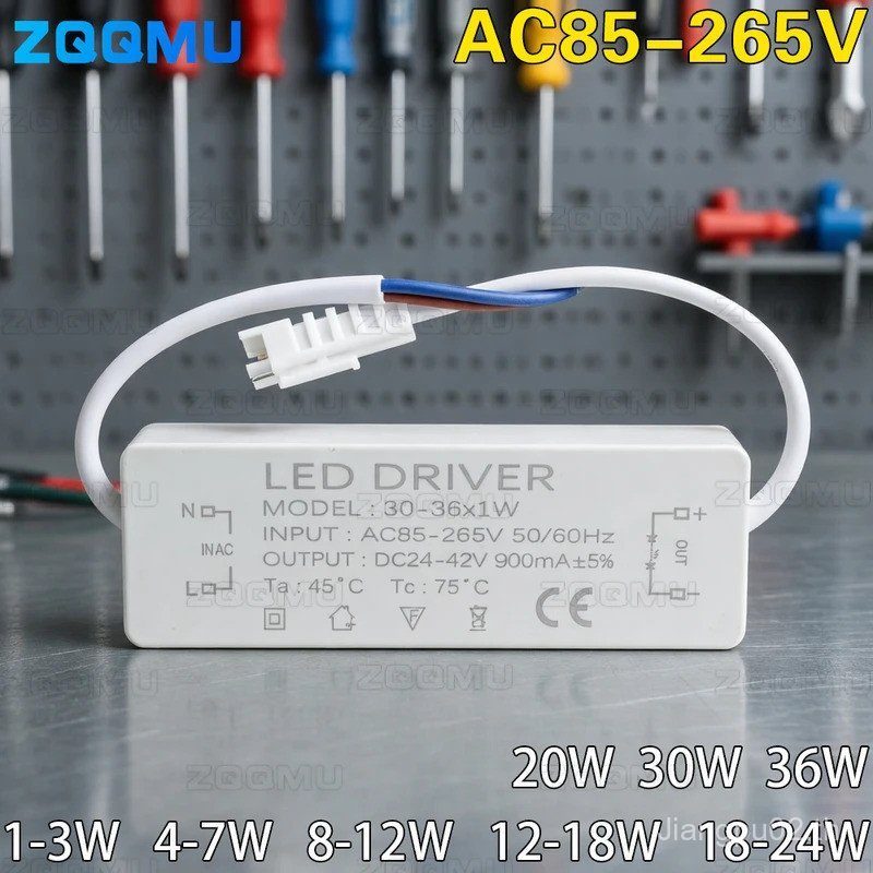 AC 85-265V LED Driver 8W 12W 20W 30W 36W 300mA 600mA 900mA แหล่งจ่ายไฟกระแสคงที่ความสว่างแยกแรงดันไฟ