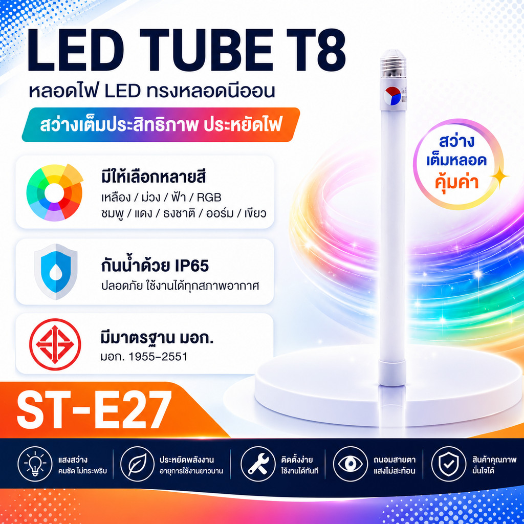 หลอดไฟ ST หลอดไฟตกแต่ง T8 LED Tube ขั้ว E27 3w มีหลายสีให้เลือก ไฟประดับตกแต่ง ไฟวิ่ง (T8 LED TUBE)