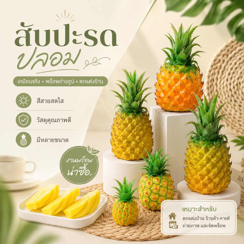 สับปะรดปลอมเหมือนจริง พร็อพผลไม้ตกแต่งร้าน คาเฟ่ ร้านน้ำปั่น ห้องครัว ถ่ายรูปสินค้า สีสดน่ามอง