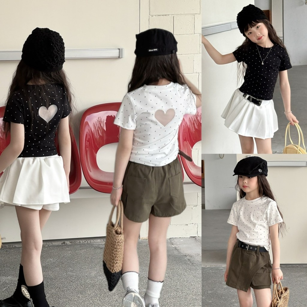 PRETTY BABY เสื้อยืดเด็ก เสื้อยืดคอกลม ลายจุด แต่งซีทรู รูปหัวใจ (2243)