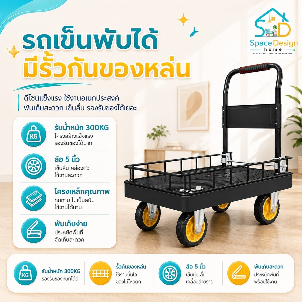 รถเข็นของ รถเข็นพับได้ 4 ล้อ มีรั้วเหล็กกันของหล่น รับน้ำหนัก 300 กิโลกรัม ขนาด 90x60 ซม.