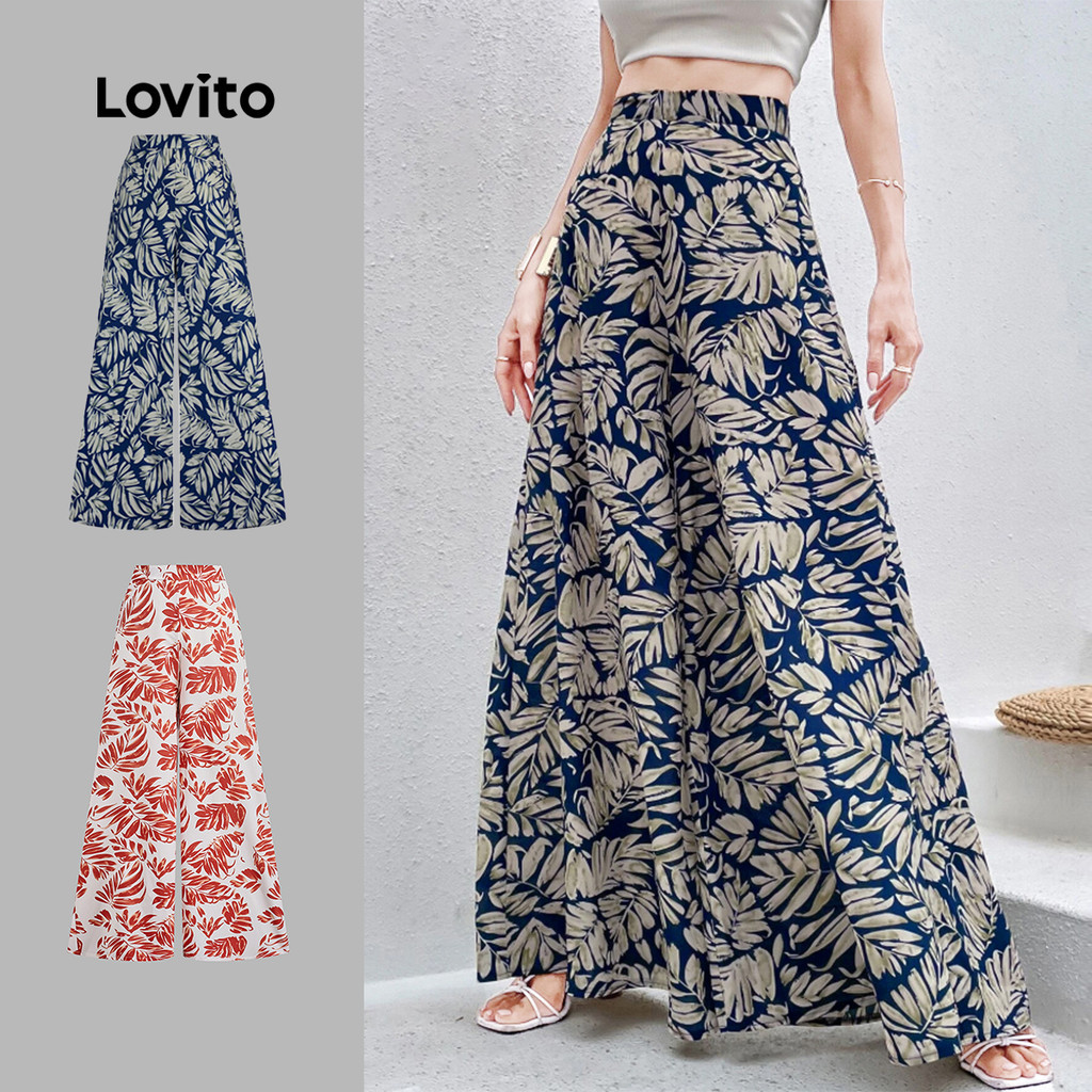 Lovito กางเกงผู้หญิงซิปลายทรอปิคอลโบฮีเมียน L131ED552