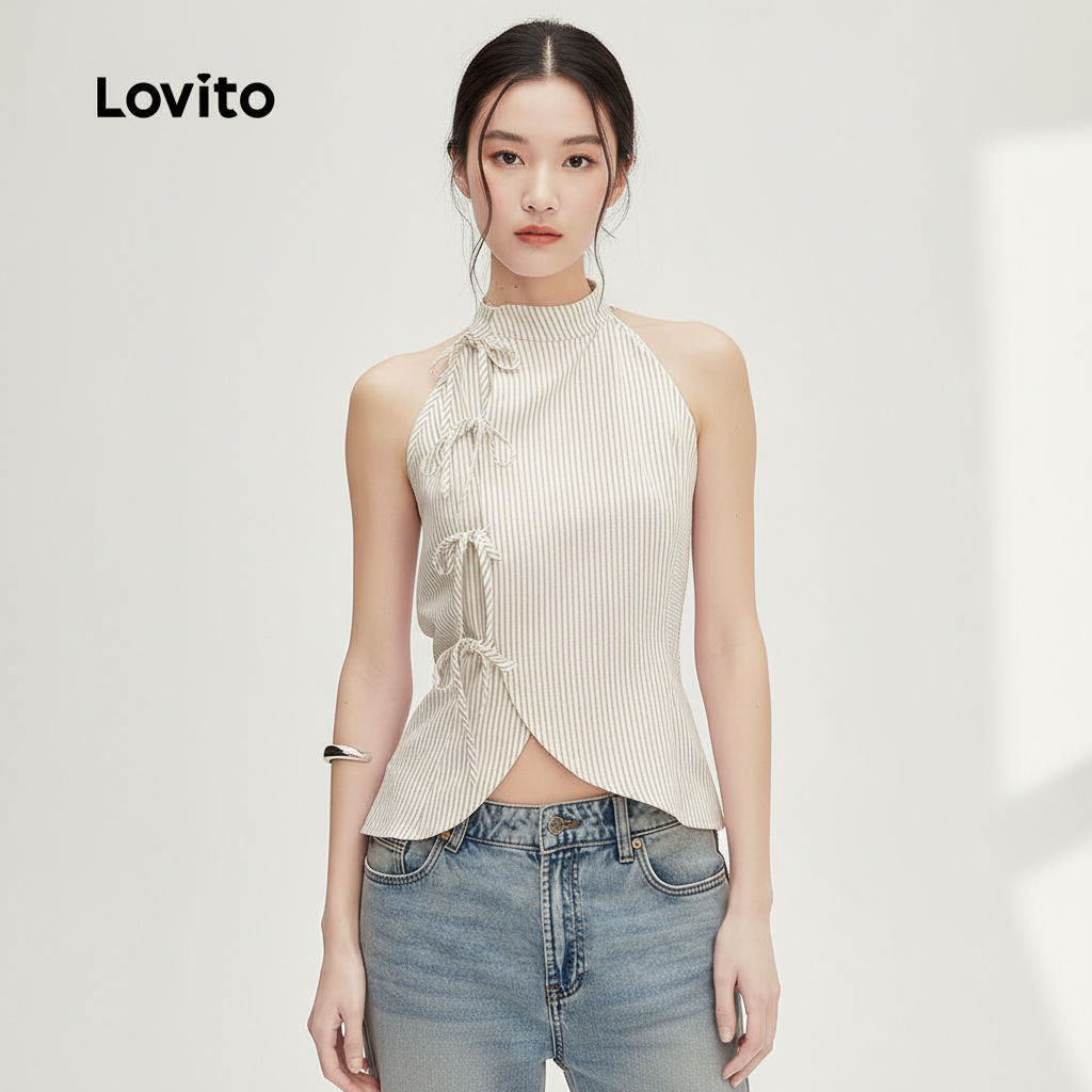 Lovito เสื้อเชิ้ตผู้หญิงทรงกี่เพ้าไม่สมมาตร ผูกโบว์สีกากี ดีไซน์จีนใหม่ L166AD394