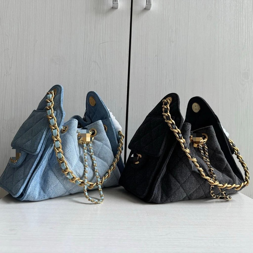 [คุณภาพสูงสุด] c25s Gradient Blue Denim Black Canvas hobo Bag Hippie Bag Chain Bag Drawstring Bucket