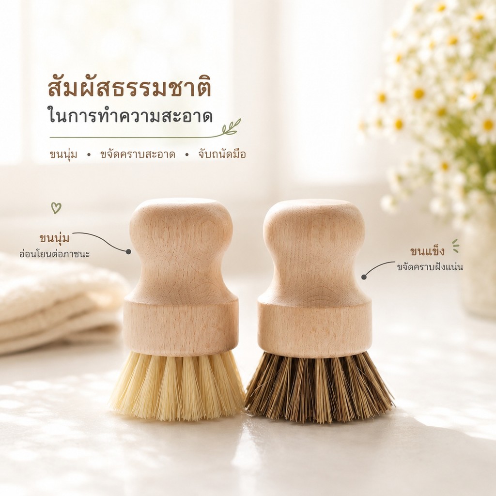 S00052 แปรงทำความสะอาด กระทะ หม้อ ด้ามไม้ ใยขัดทำจากเส้นใยพืช สไตล์มินิมอล