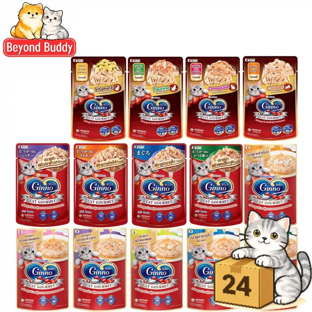 ( ครึ่งลัง 24 ซอง ) Ginno Premium Wet Cat Food กินโนะ อาหารเปียกแมว ไม่เติมเกลือ เปียกแมว ขนาด 60g