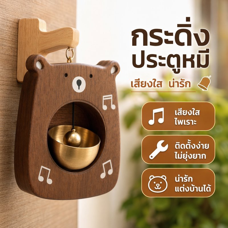 กระดิ่งประตู กระดิ่งลม ทองเหลือง หมีไม้ แม่เหล็กติดแน่น เสียงใส แต่งบ้าน หน้าร้าน ของขวัญ