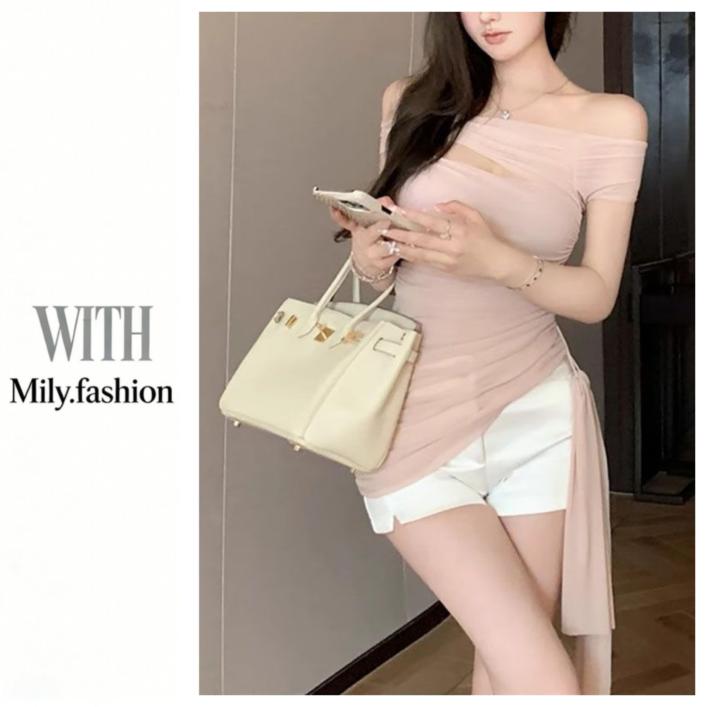 Milyfashion Apricot Pink One-Shoulder อ่อนโยนแคบเอวจีบปิดไหล่ Pure Desire Slim-Fit T สั้นผู้หญิง