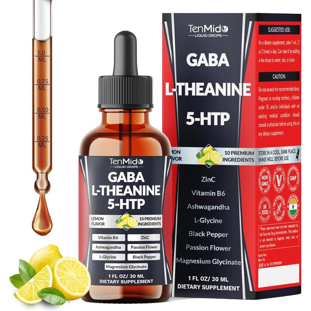 10 - ใน - 1 GABA L - Theanine อาหารเสริม หยดชนิดน้ำ พร้อม 5 - HTP, อัชวากันธา, ไกลซิเนต, Passion ดอก