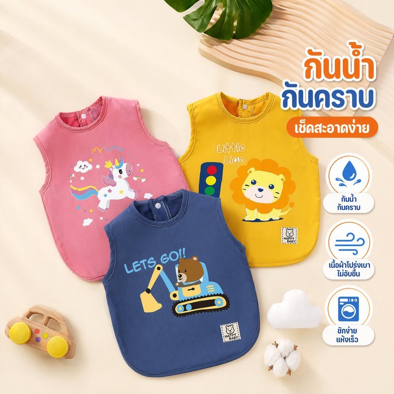ผ้ากันเปื้อนเด็ก กันน้ำ ซับน้ำลาย ลายการ์ตูน มีกระเป๋าหน้า น้ำหนักเบา ซักง่าย แห้งไว เด็กเล็ก
