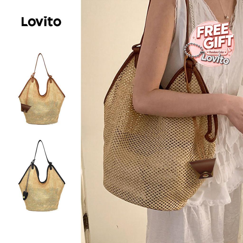 Lovito กระเป๋าโทท์สะพายไหล่สบายๆ ท่องเที่ยวขอบคอนทราสต์สำหรับผู้หญิง LFA110093