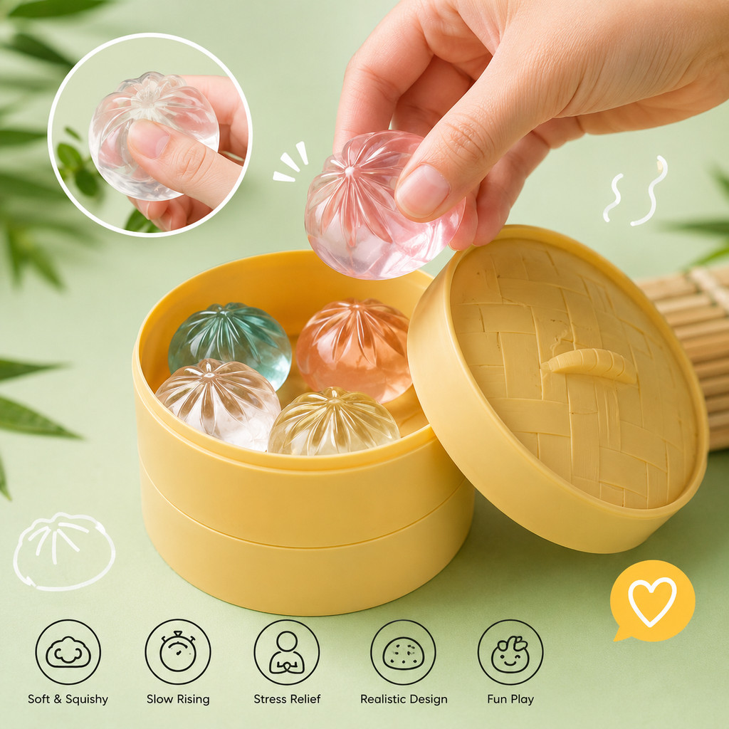 สกุชชี่ซาลาเปา5ชิ้นพร้อมหม้อนึ่ง – คริสตัลล้างช้าเพิ่มขึ้น, ของเล่นขนมปังที่สมจริง, โต๊ะบีบนุ่มอยู่ไม่สุข