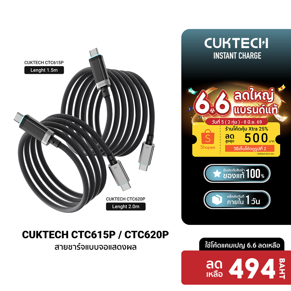 [ลดเหลือ 494] CUKTECH CTC615P / CTC620P 6A 240W สายชาร์จมีจอ USB-C to USB-C รองรับชาร์จเร็ว PD3.1 จอ OLED -24M