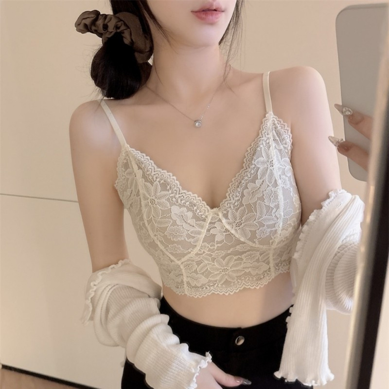 เซ็กซี่คอวีลูกไม้ระบายอากาศ เสื้อชั้นในสตรี ผู้หญิงถ้วยคงที่ด้านบนสนับสนุนหน้าอกรวบรวมสั้นสะดือ ผอมลง ดูด้านบน