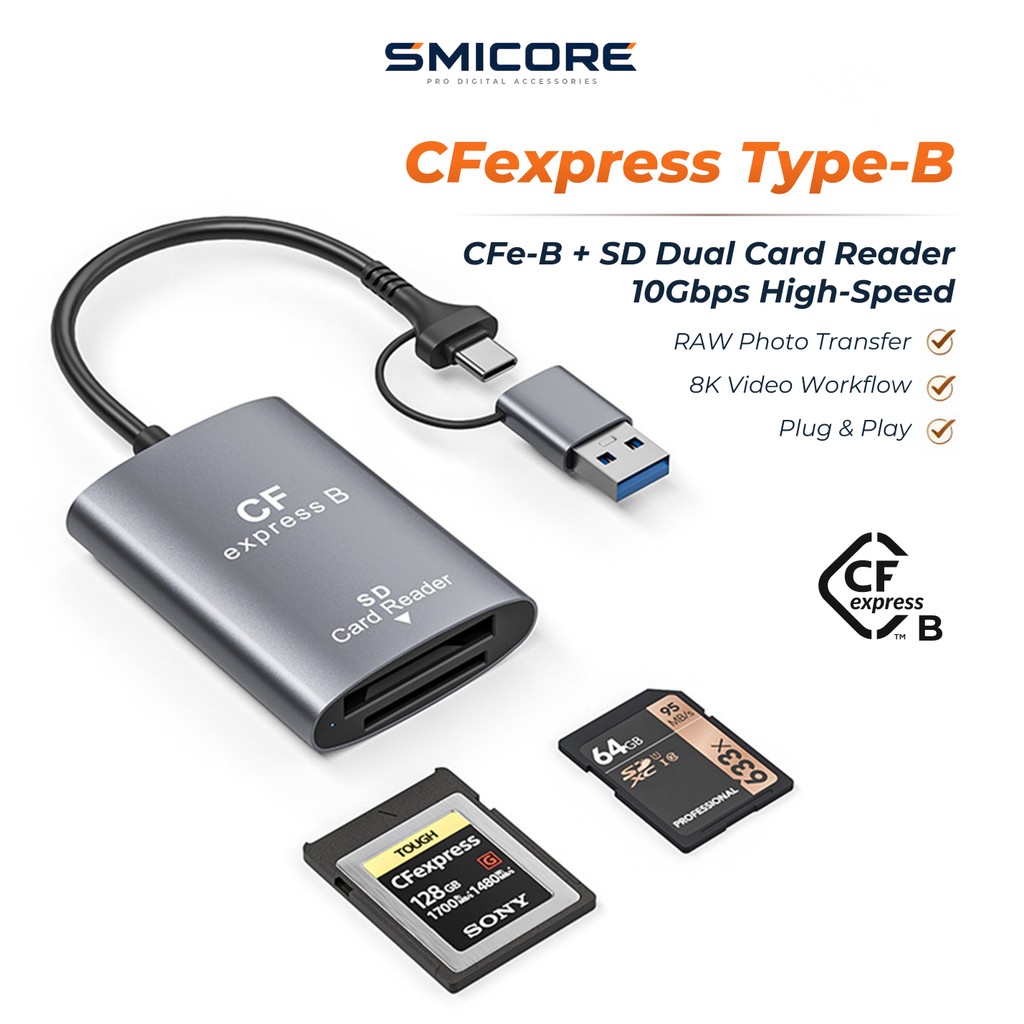 CFexpress Type-B + เครื่องอ่านการ์ด SD USB3.1 Gen2 10Gbps Dual Slot Card Reader รองรับ USB-A/Type-C เหมาะสําหรับ Canon Nikon RAW 8K