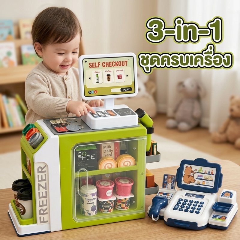 ของเล่นเครื่องคิดเงิน ร้านสะดวกซื้อจำลอง ชุดแคชเชียร์ สแกนบาร์โค้ด เสียงสมจริง ของเล่นเด็ก
