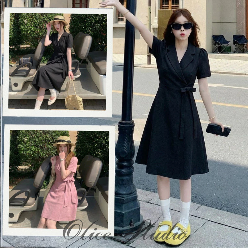 เดรสผู้หญิง ชุดเดรส คอปก แขนสั้น ชุดเดรสผูกเอวพรางหุ่น ใส่ทำงาน ไปเที่ยว ชุดออกงานเรียบหรู พร้อมส่งไทย