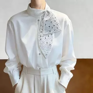mimi-เสื้อเชิ้ตผ้าซาติน ดีไซน์ผูกโบว์ แขนยาว ไซส์ใหญ่ หรูหราและดูดีมีระดับประดับเพชรเทียมแบบงานประณีต ใส่ทำงานได้#99432