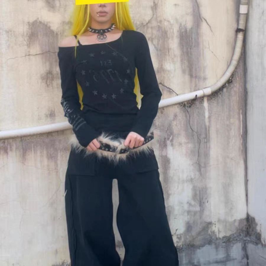 คอปกแขนยาว y2ku Asian Culture Punk สไตล์ใหม่ Slim-fit Design Thin Retro Look ที่ไม่ซ้ํากันพิมพ์ Mill
