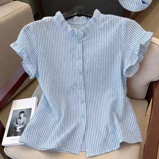 เสื้อคอกลมผู้หญิงดีไซน์นัวเนียลายทางแขนสั้นด้านบนเสื้อเชิ้ตสีทึบสไตล์หวานระบายอากาศได้ดี ใส่สบาย