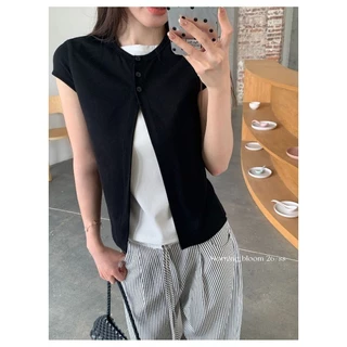 เสื้อเวสต์ถักไร้แขน คอกลมกระดุมหน้า ผ่าปลาย สไตล์สองชั้นปลอม สีดำเรียบหรูฤดูร้อน