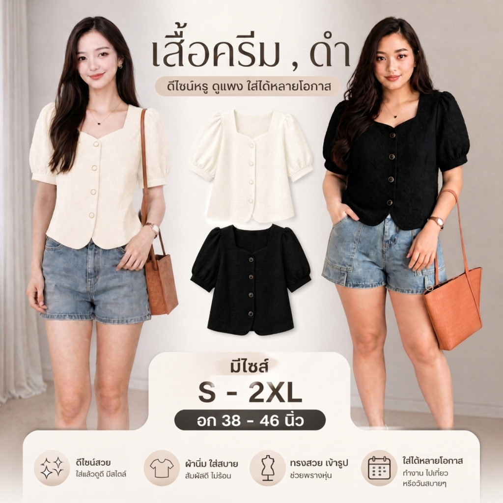 เสื้อแฟชั่น แขนสั้น รุ่นติดกระดุม คอเหลี่ยม ผ้าลินิน ทรวสวยดูลูกคุณหนูมาก เรียบง่าย สำหรับสาวหวาน