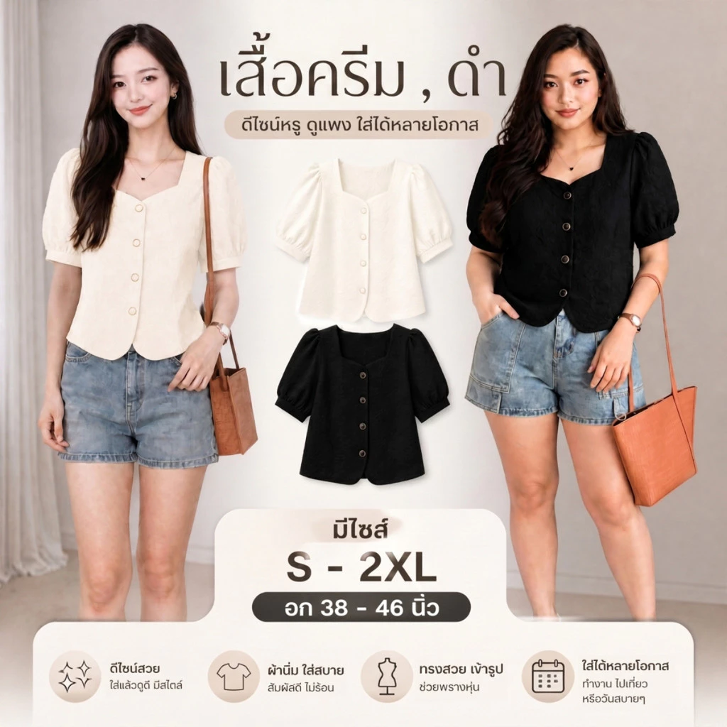 เสื้อแฟชั่น แขนสั้น รุ่นติดกระดุม คอเหลี่ยม ผ้าลินิน ทรวสวยดูลูกคุณหนูมาก เรียบง่าย สำหรับสาวหวาน