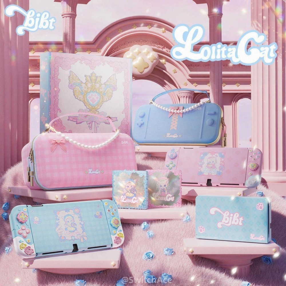 น่ารัก Lolita Cat Series สีชมพูป้องกันกรณีสําหรับ Nintendo Switch 2/1/OLED เปรียบเทียบ 4 ชิ้น Rocekr Caps ชุดพร้อมสต็อกของขวัญสําหรับแฟน