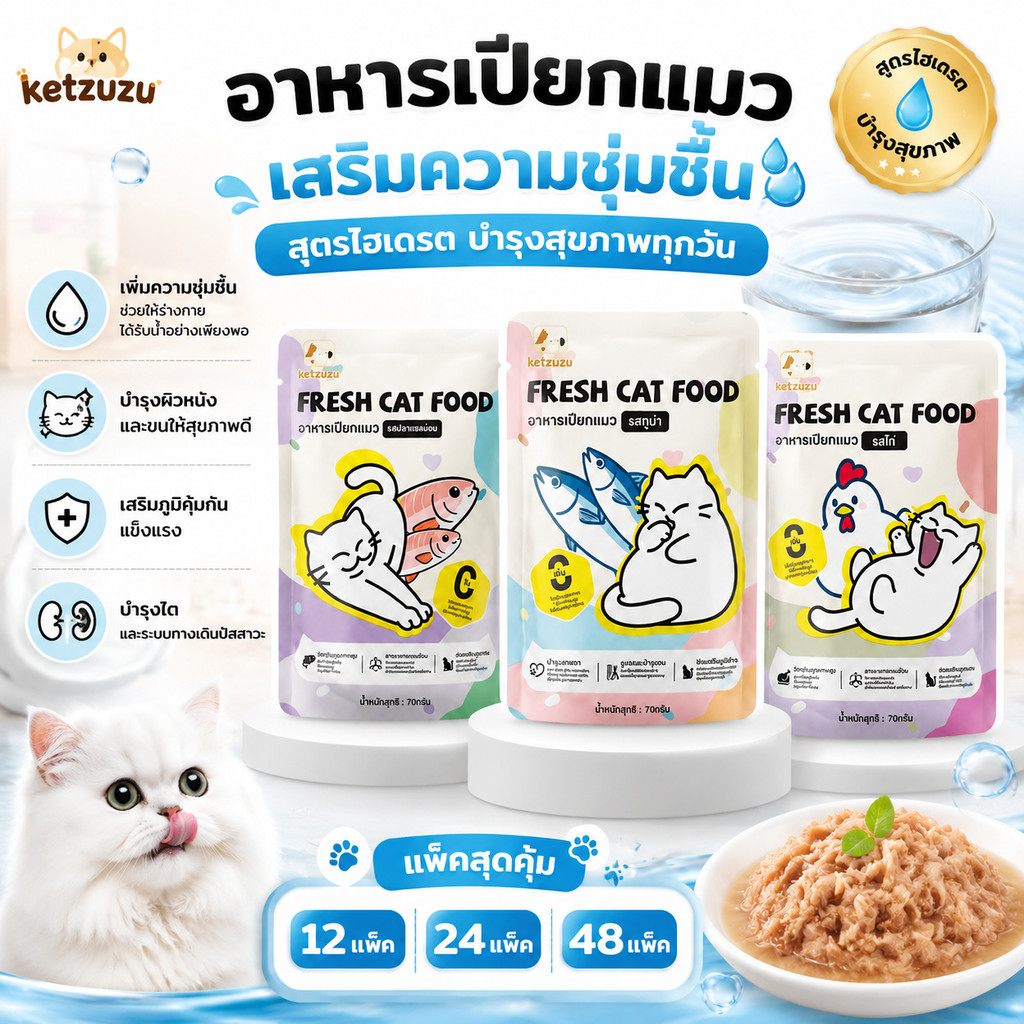 【Ketzuzu】[12/24/48 ซอง] อาหารเปียกแมว ลดอุจจาระเหม็น รสแซลมอน สำหรับแมวโต ย่อยง่าย