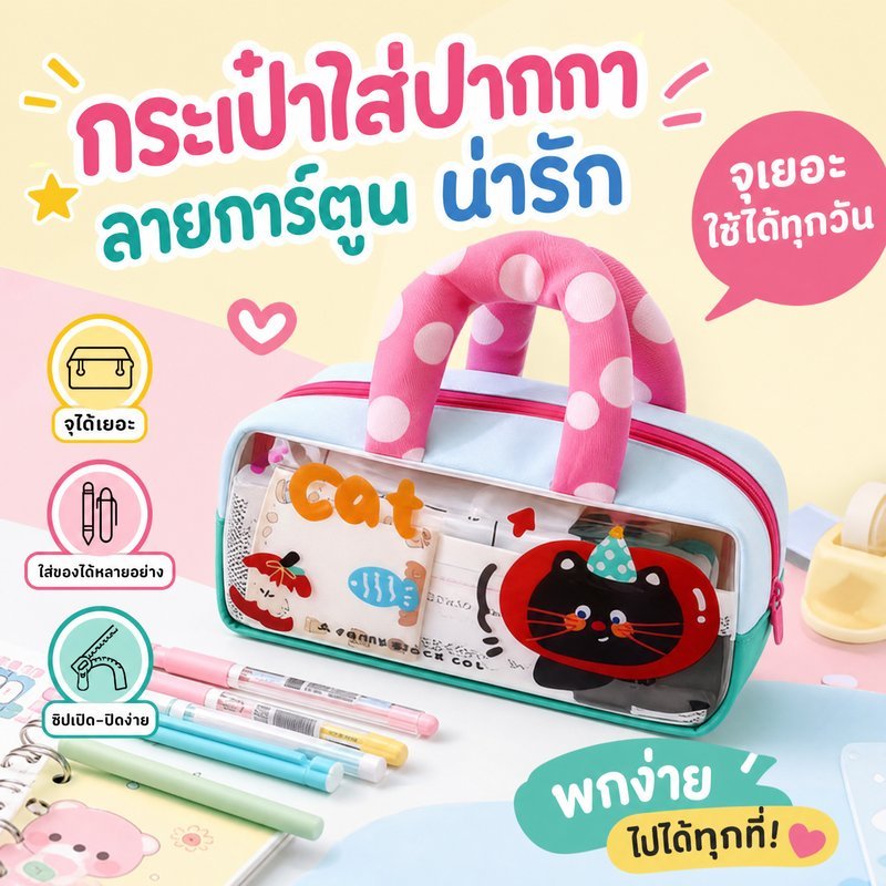 กระเป๋าดินสอใส กล่องดินสอการ์ตูน กระเป๋าเครื่องเขียน พีวีซี กันน้ำ มีหูหิ้ว จุเยอะ นักเรียน