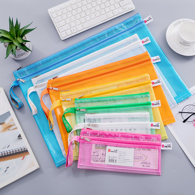 A3 A4 Must-Have Double-Layer Grid Zipper File Bag B5 A5 นักเรียนมัธยมปลาย B4 โปร่งใสเรื่องกระเป๋าหนา