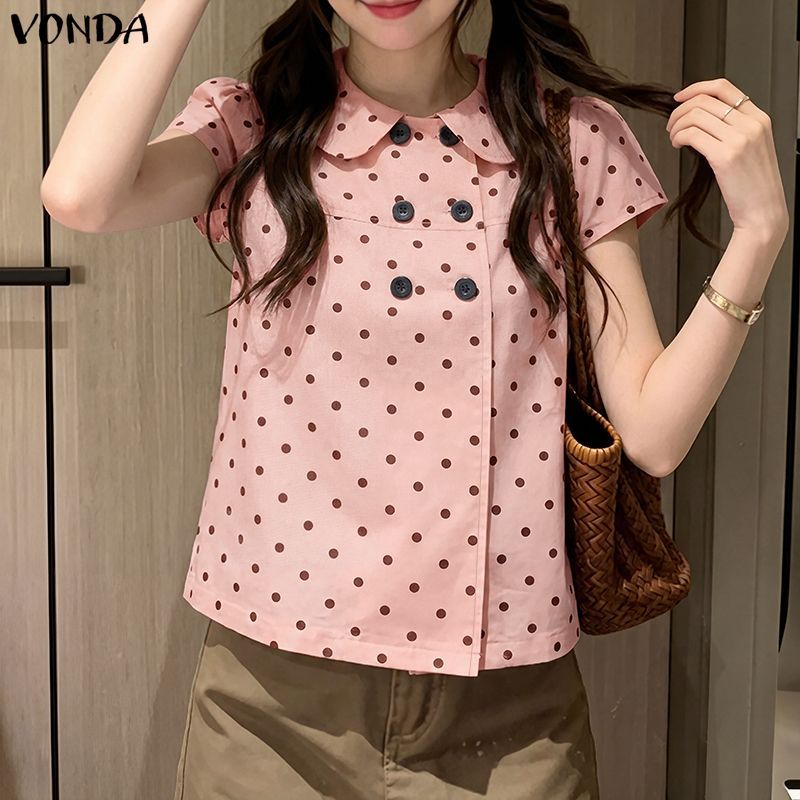 VONDA ผู้หญิงเกาหลีภาษาฝรั่งเศสคํา Girlish ตุ๊กตาคอปกแขนสั้น Double-Breasted Polka Dots A-Line เสื้อ — صورة 4