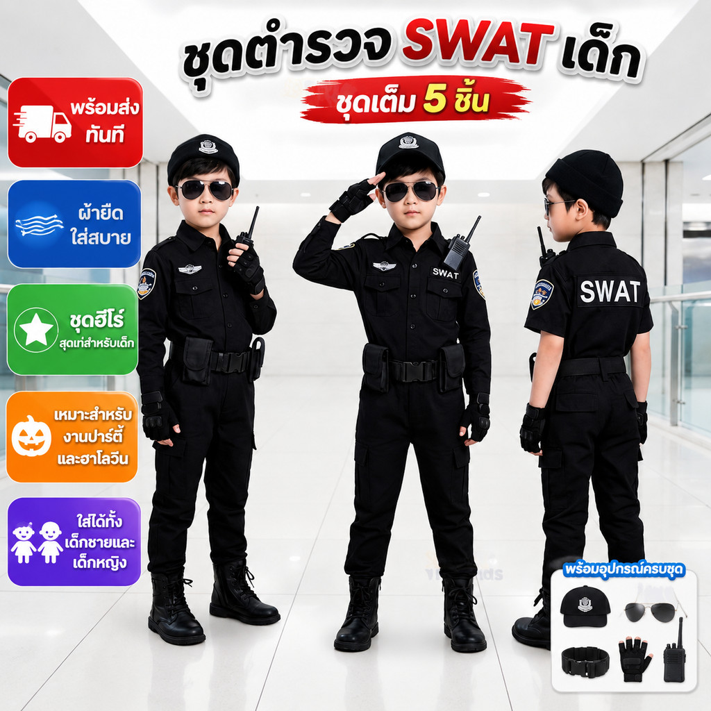 📌พร้อมส่งจากไทย🔥ชุดตำรวจเด็ก SWAT ใส่ได้ทั้งเด็กชายและเด็กหญิง ผ้านุ่มใส่สบาย เหมาะสำหรับฮาโลวีน จัดส่งเร็วจากกรุงเทพฯ