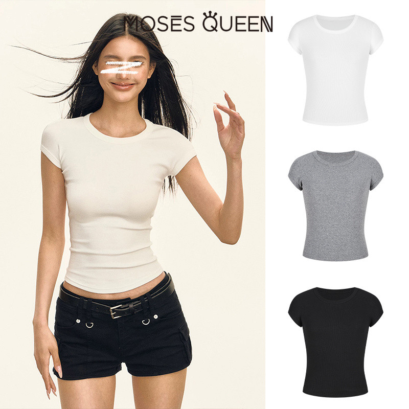 MOSESQUEEN เสื้อผ้าสตรี แบบรีโทร สีเรียบ คอต่ำ แขนสั้น ฤดูร้อน ใหม่ พร้อมสไตล์สปิซ ทรงกระชับ #62897