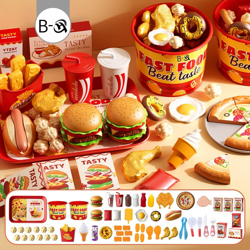 BHQ ของเล่นจำลอง ของเล่นทําอาหาร ชุดเบอร์เกอร์ พิซซ่า มันฝรั่งทอด ไก่ทอด ไข่ ทาร์ต สามารถเล่นอาหารจําลองได้หลากหลาย