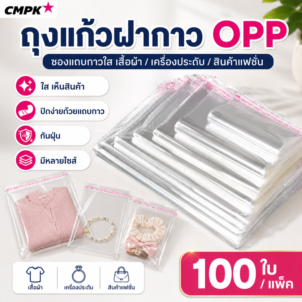 ถุงแก้วฝากาว OPP ซองแถบกาวใสเสื้อผ้า กันฝุ่น ใส่เครื่องประดับ jewary มีหลายไซส์ (100ใบ)