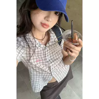 Dahong 💖w711 เวอร์ชั่นเกาหลี เสื้อแขนสั้น เสื้อเชิ้ตแขนสั้นลําลอง ลายสก๊อต รุ่นใหม่ สไตล์แฟชั่น สําหรับผู้หญิง ไซซ์