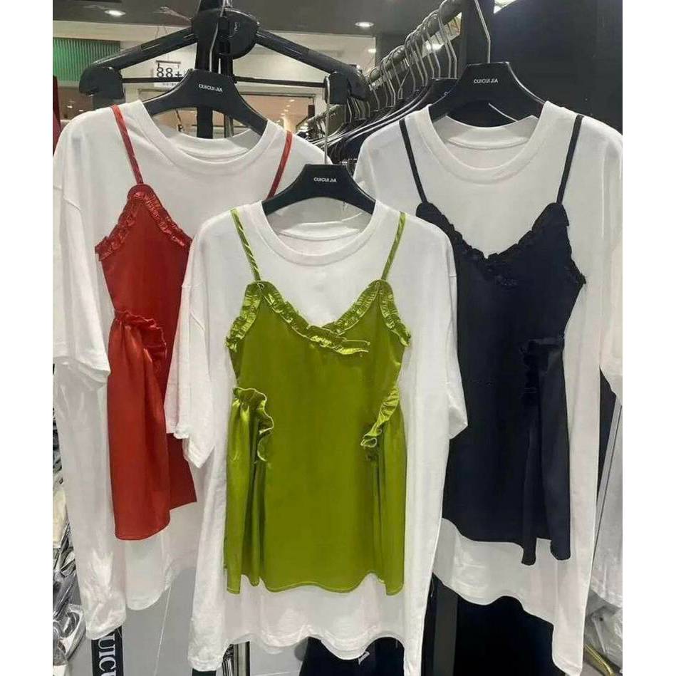 เสื้อยืดทรงโอเว่อร์ไซส์  Korea bra oversize t-shirt ดีเทลแต่งสายเดี่ยวผ้าซาติน