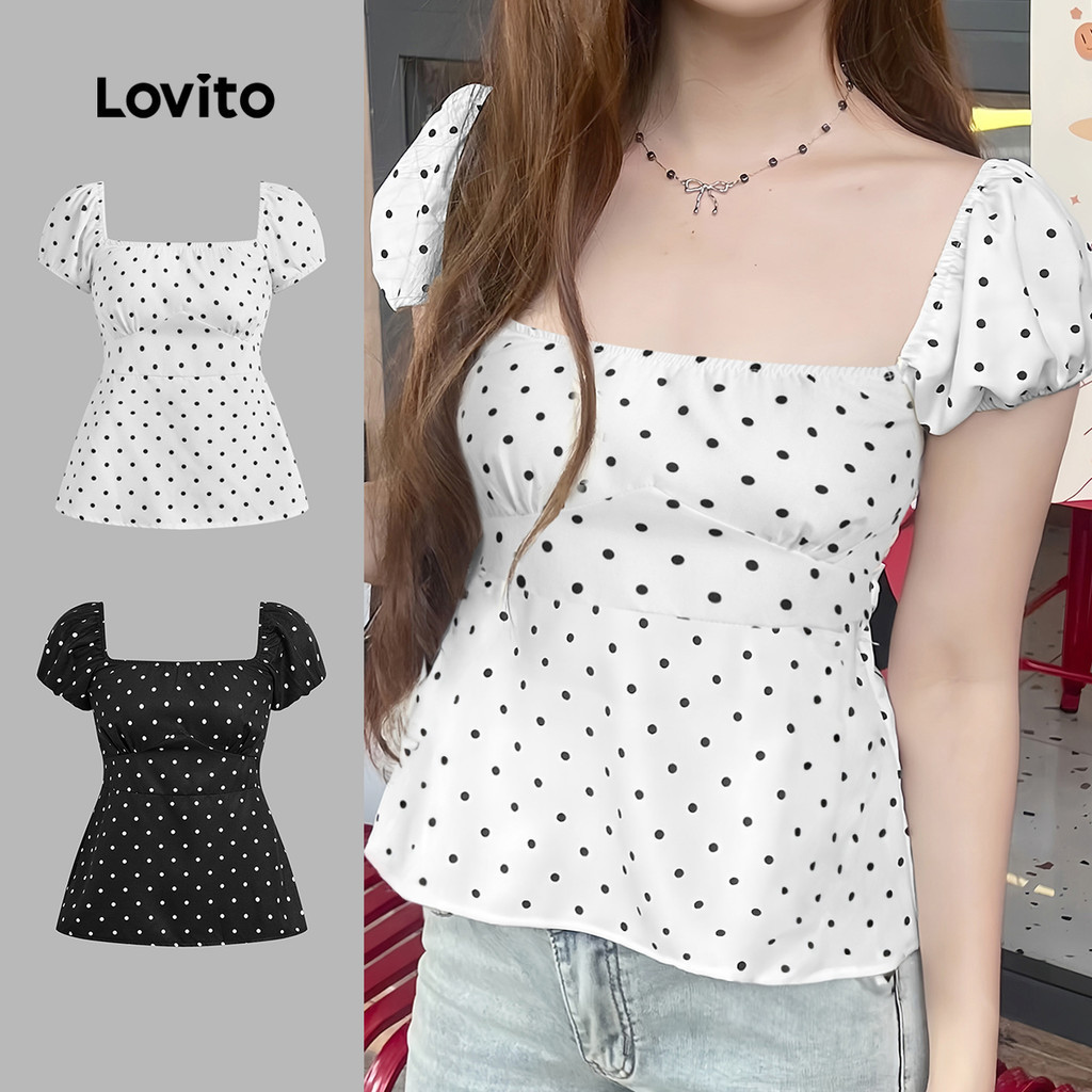 Lovito เสื้อยืดลำลองลายจุดและลายเรขาคณิต สีดำและขาว สำหรับผู้หญิง (ฤดูใบไม้ผลิ/ฤดูร้อน) L139AD137