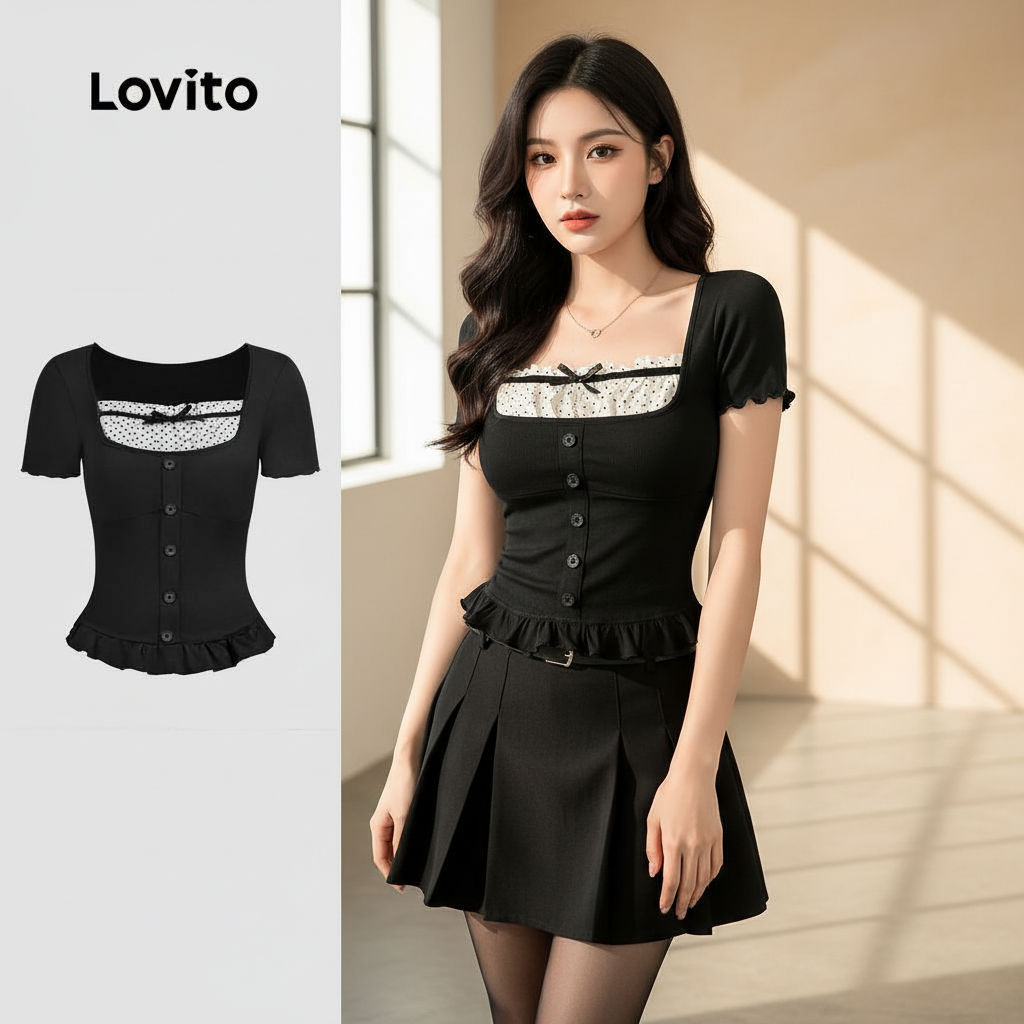 Lovito เสื้อยืดลําลองแฟชั่น 2 in 1 ดีไซน์โบว์ตัดกับเทปสีสวย สําหรับฤดูใบไม้ผลิและฤดูร้อน สีดํา L139AD016