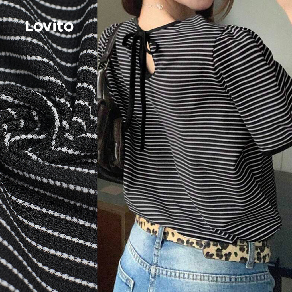 Lovito เสื้อยืดลำลองแบบตัดรูปลายผูกหลังโบว์ สำหรับฤดูใบไม้ผลิ/ฤดูร้อน สีดำ สำหรับผู้หญิง L243AD634