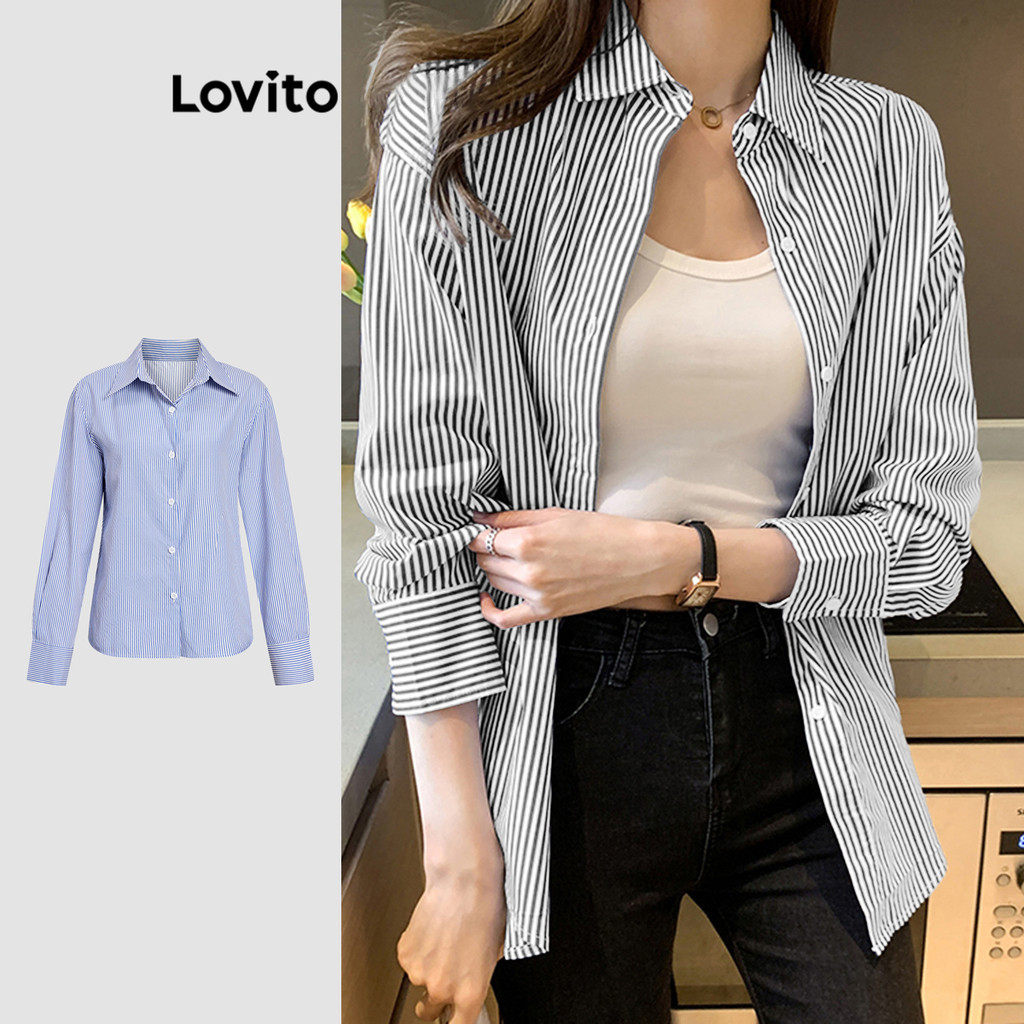 Lovito สง่างาม เสื้อเบลาส์แขนยาวผู้หญิง ลายทาง สไตล์ เกาหลี อินเทรนด์ LNA26184 (สีน้ำเงิน)